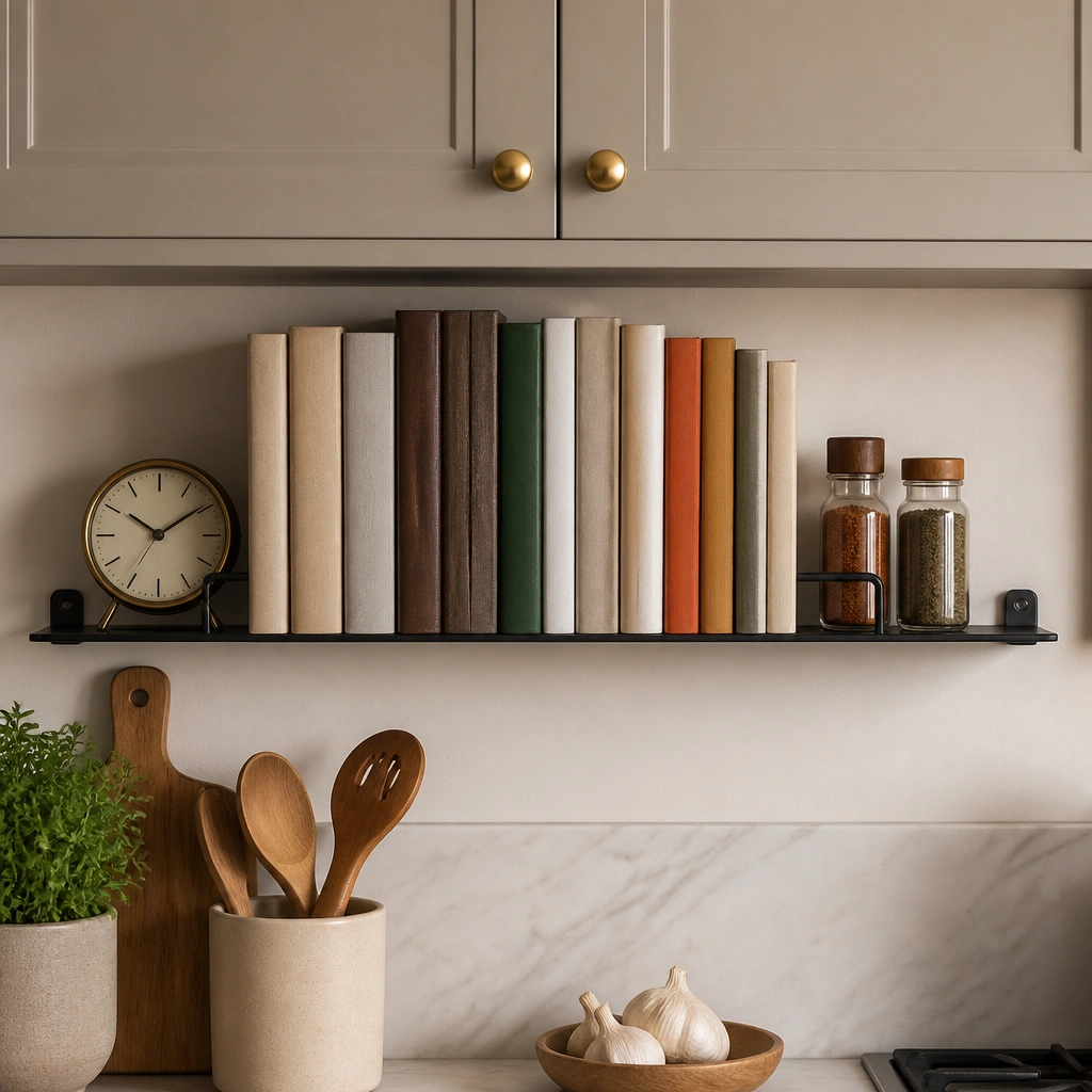 A narrow horizontal rail with small book stops mounted under a cabinet line. Cookbooks sit in a neat row with spines out, and a small clock and spice jar decor sit at the ends.