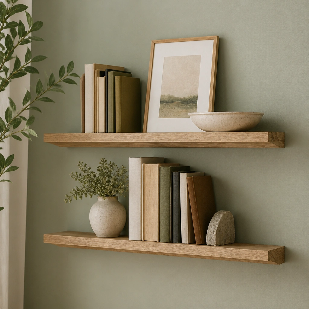 Two picture-ledge shelves stacked with a mix of upright books, a small framed print leaning against the back wall, and a ceramic bowl. The wall is a soft sage green.