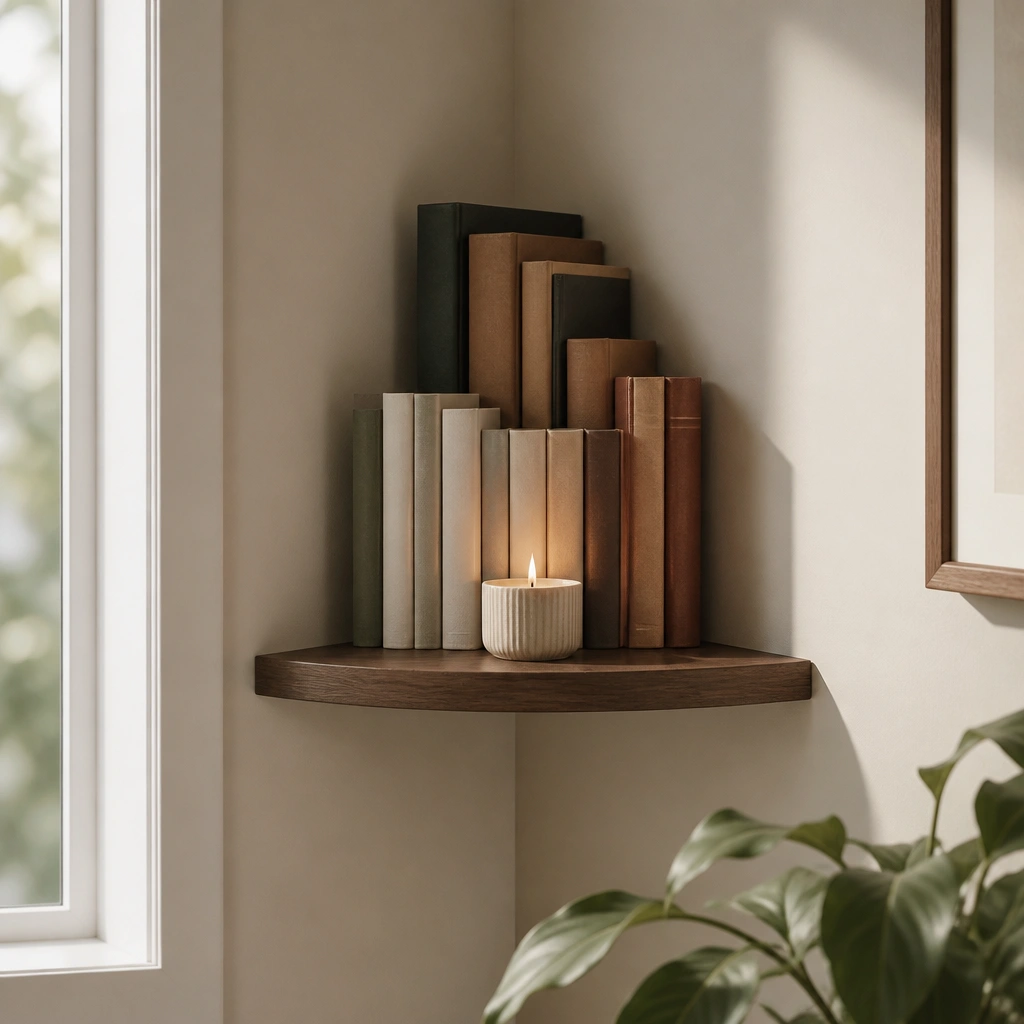 A corner wall shelf mounted diagonally into the corner. Books are arranged with the tallest spines in the back, shorter books in front, and a small candle centered on the lower edge.