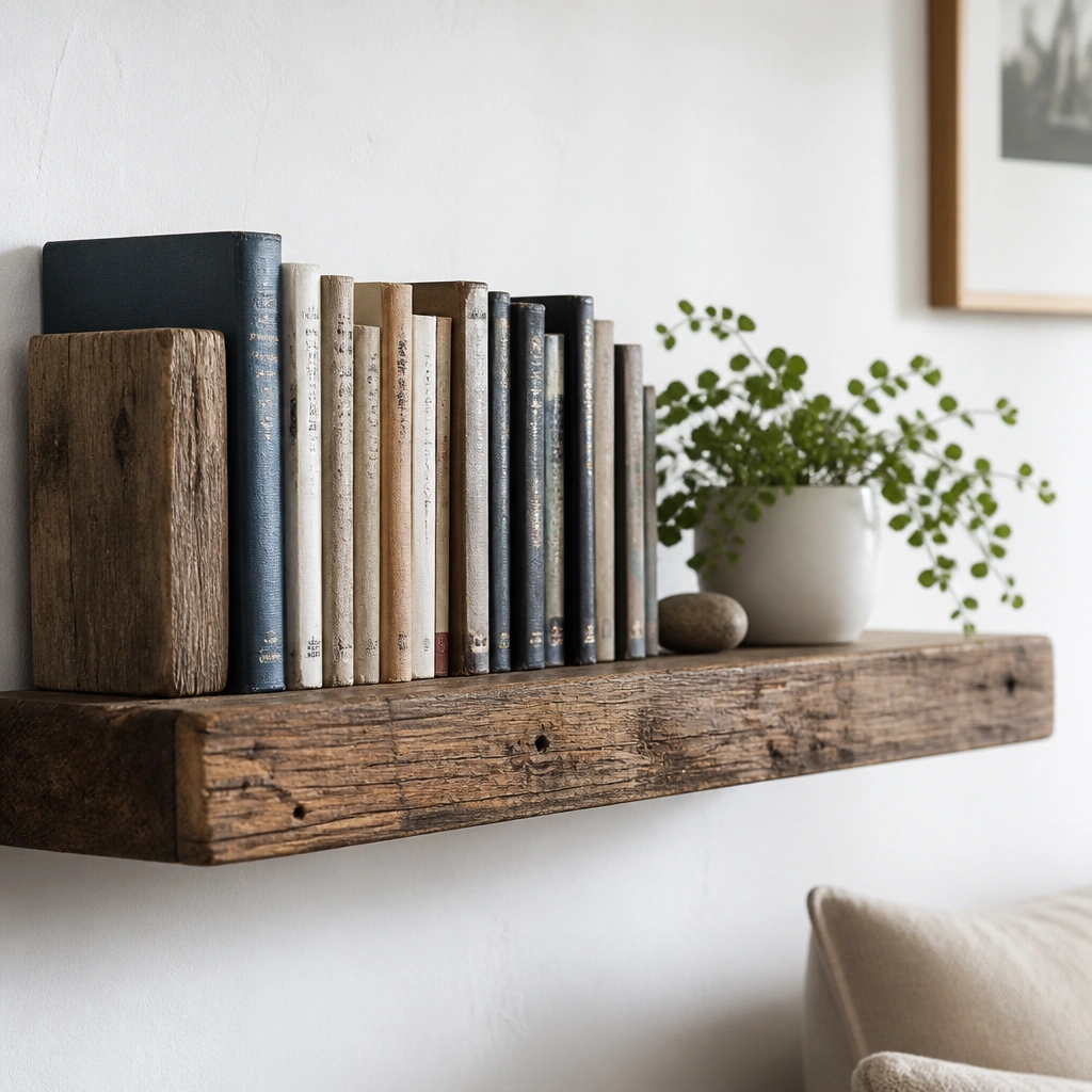 A rustic reclaimed wood shelf with visible grain mounted on a white wall. Books are stacked vertically with spines facing outward, and a small plant in a white pot sits near the right end.