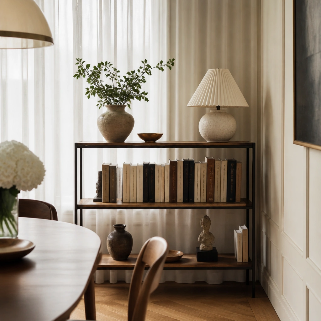 A small open shelf placed against a dining wall with a lightweight curtain behind it. The shelf holds books standing upright with a few decorative objects, and the curtain adds softness in the background.