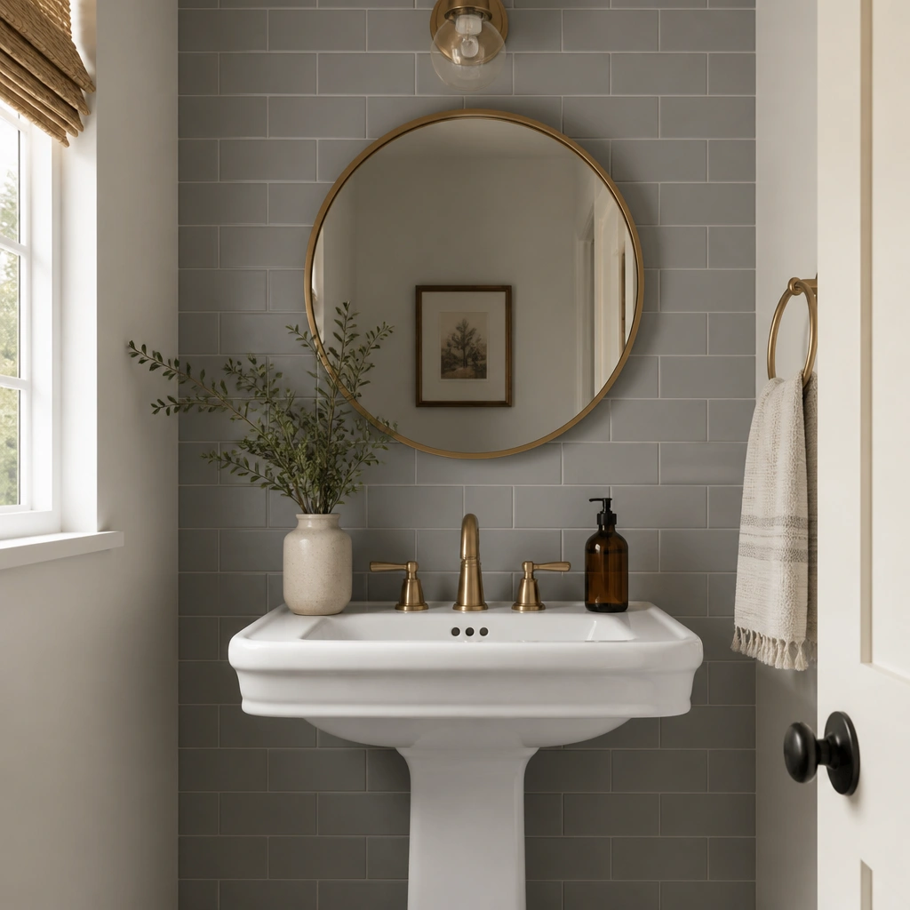 A small half bathroom with a white pedestal sink. The wall behind the sink is covered in peel-and-stick subway tile in a soft matte gray, with clean grout-look lines. A round brass-framed mirror hangs above the counter.