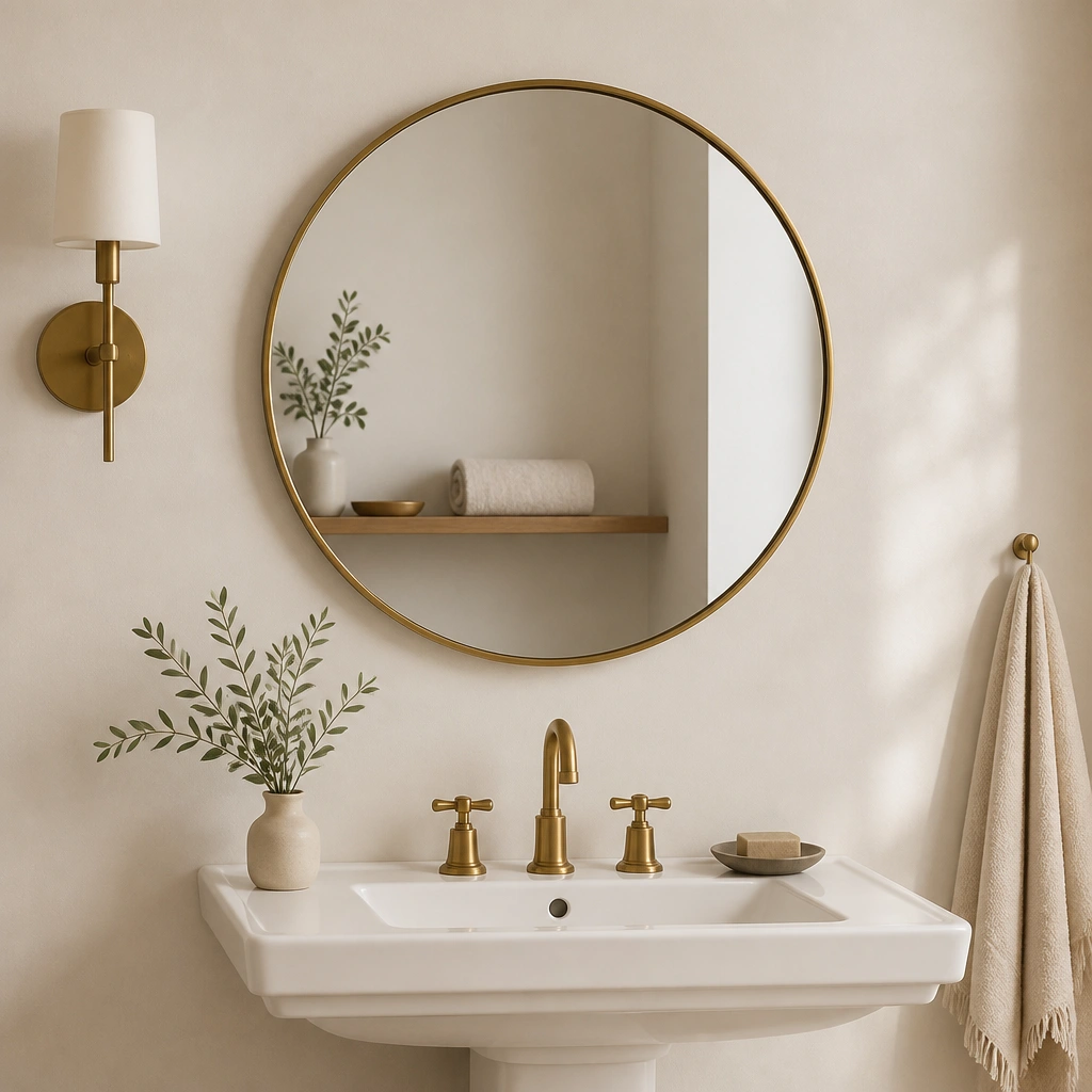A round mirror with a thin brass frame centered above a pedestal sink. The mirror reflects a simple shelf with a rolled hand towel and a small tray. The wall is painted a warm off-white.