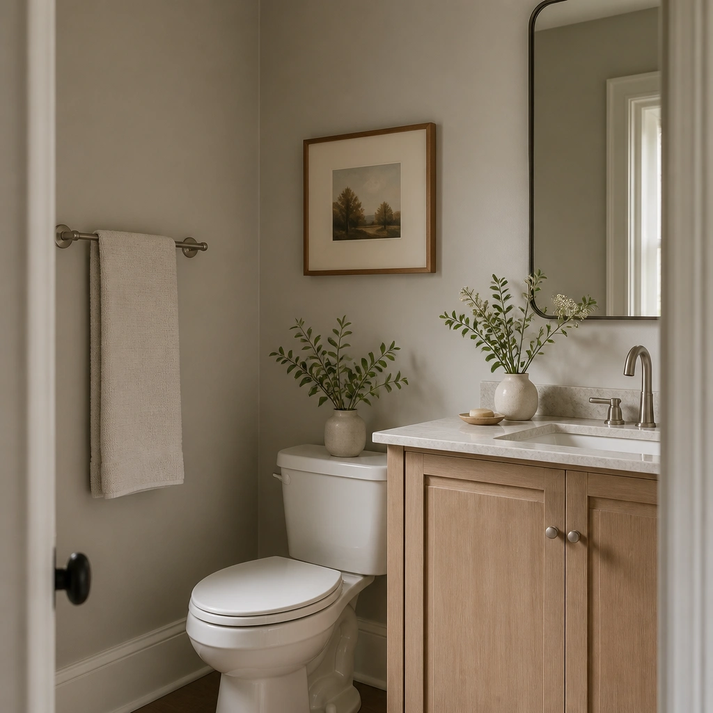 A half bathroom with freshly painted walls in warm greige. The toilet is white, the vanity is a light wood tone, and the towel bar is brushed nickel. A small framed print sits beside a simple mirror.