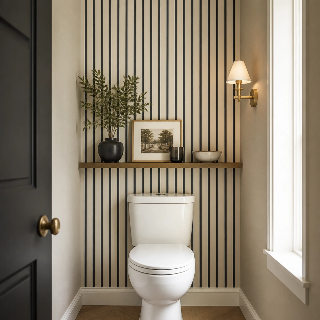 The wall behind a toilet is covered with removable vertical stripe wallpaper in cream and muted black. The stripes visually elongate the narrow room. A small gold wall sconce is mounted to one side, and a small gallery ledge holds decor.