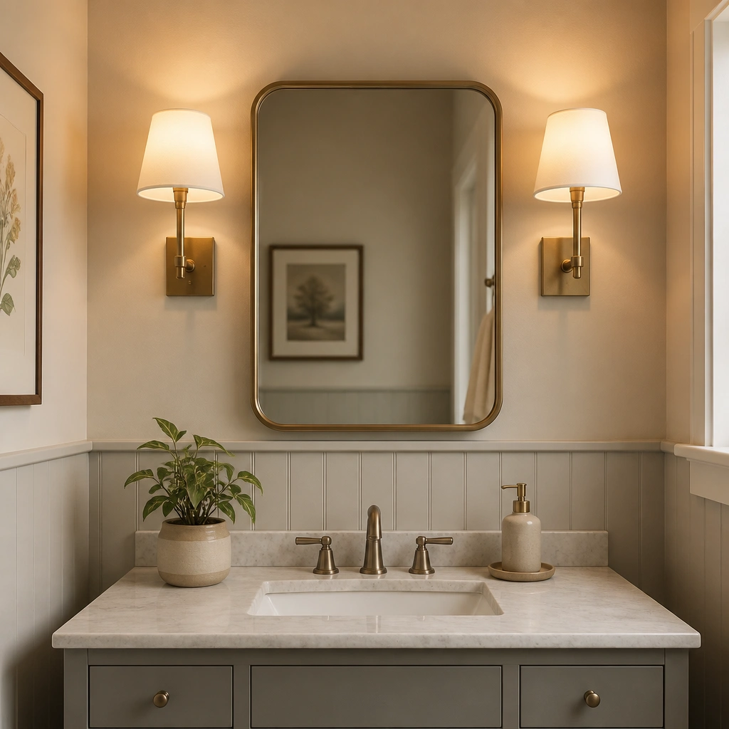 A half bathroom wall with two plug-in sconces featuring white linen shades. Warm light glows above a framed mirror. The countertop has a simple soap dispenser and a small plant.