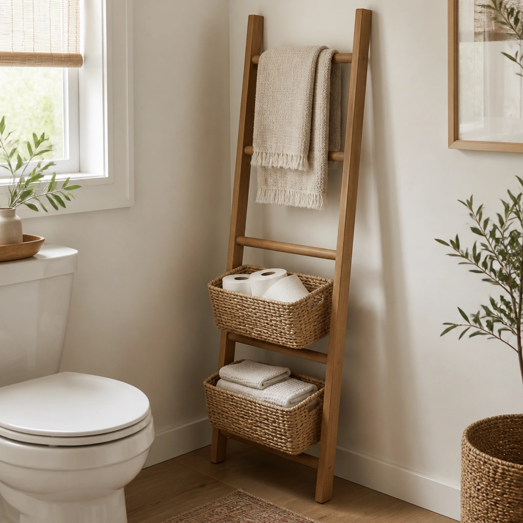 A small half bathroom corner with a slim wooden towel ladder in a light oak finish. Two woven baskets sit on the bottom rungs holding extra toilet paper and hand towels. A folded towel is draped over the top rung.