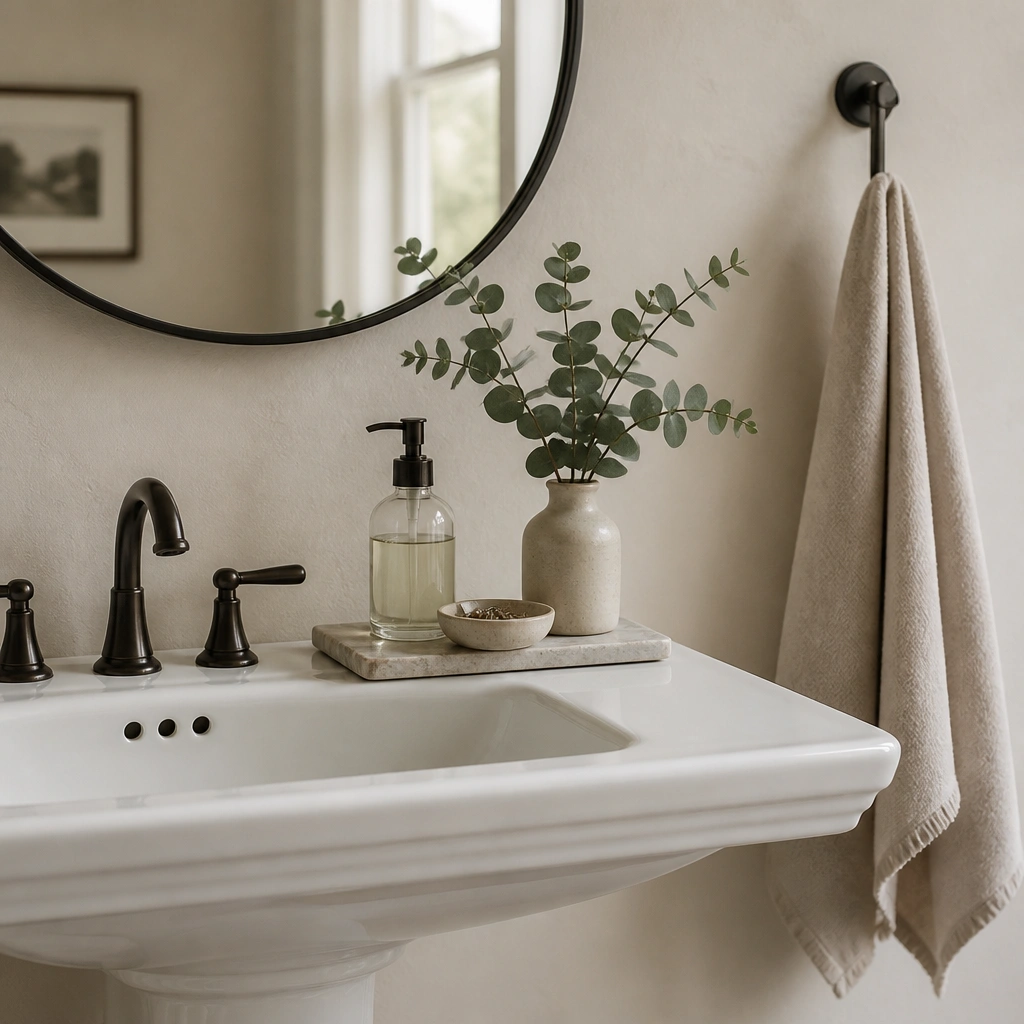 A white pedestal sink with a small tray centered on the counter. A clear glass pump soap bottle sits on the tray, a small ceramic dish holds rings/keys, and a short vase with eucalyptus adds height. A neutral hand towel hangs on a hook.