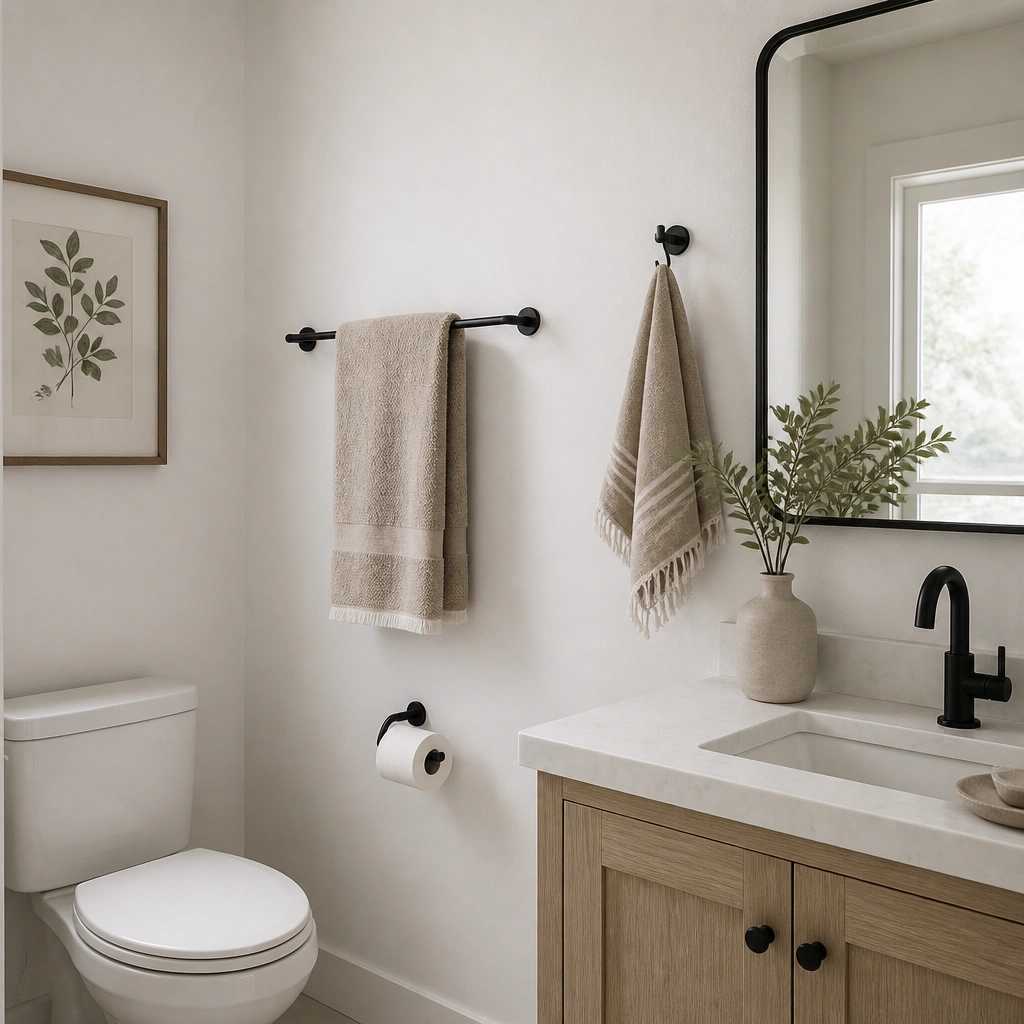 A half bathroom with matte black towel bar and toilet paper holder. A small matte black robe hook holds a hand towel. The mirror frame is also matte black, and the wall color is soft white.