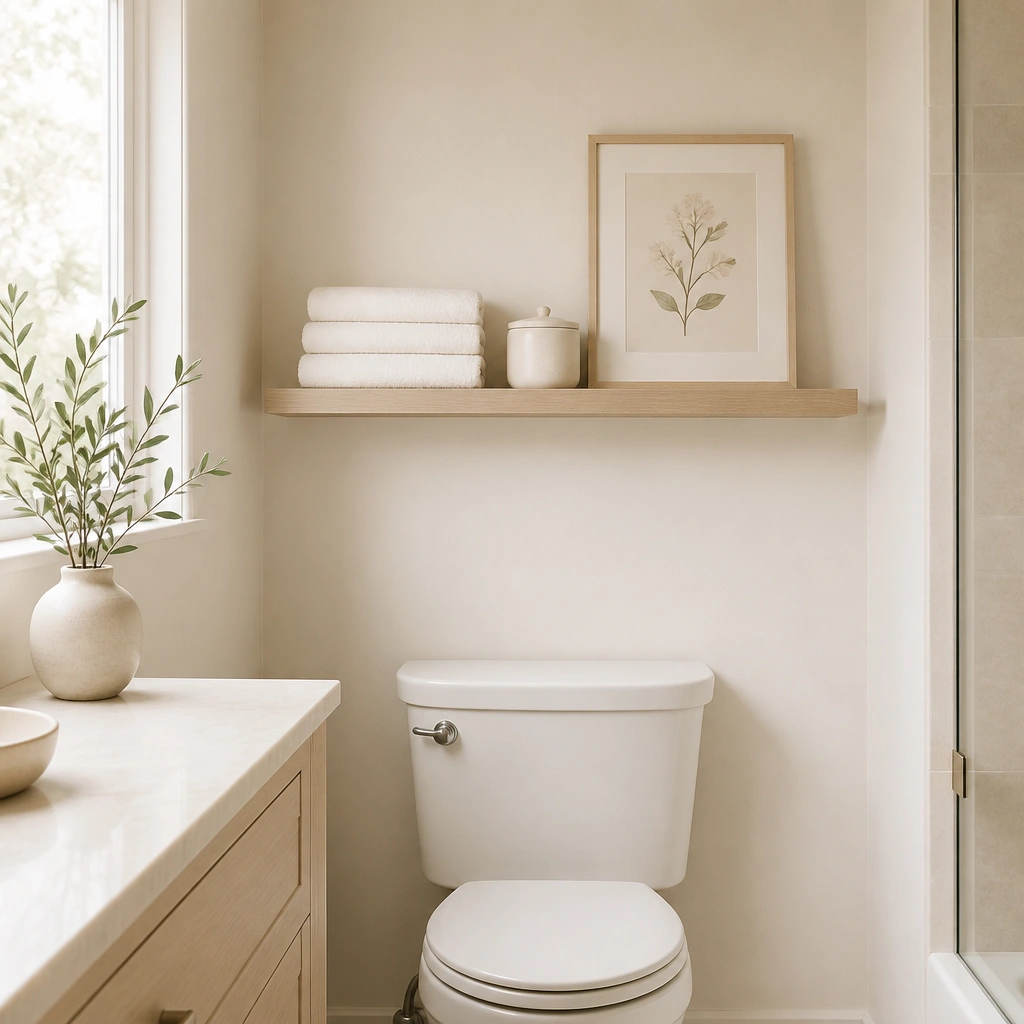 A narrow floating shelf above the toilet holds a white stack of towels, a small ceramic canister, and a framed botanical print. Behind the shelf, the wall is painted a creamy warm white. Everything matches in cream, white, and pale wood.
