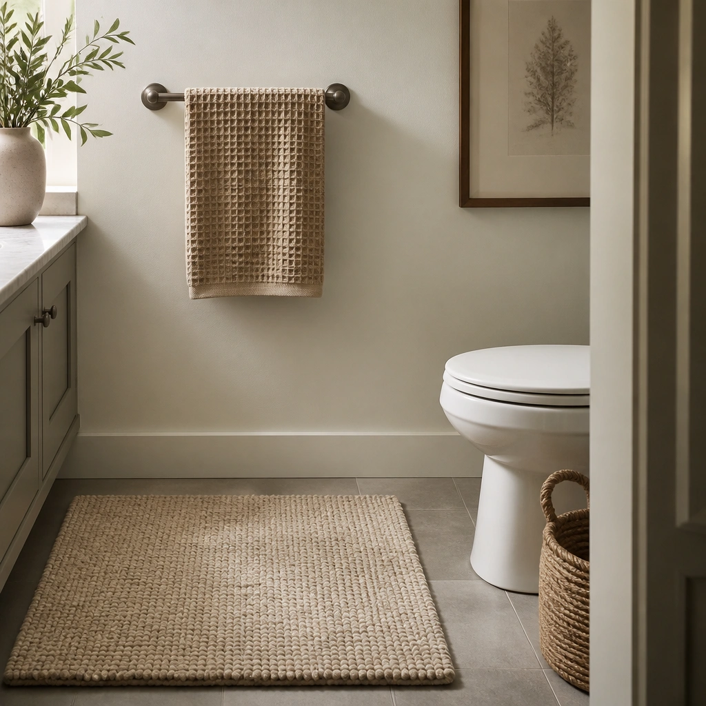 A half bathroom with a textured bath mat in oatmeal beige and a matching waffle hand towel on a bar. The palette includes soft whites and warm gray. A small woven basket sits near the toilet.