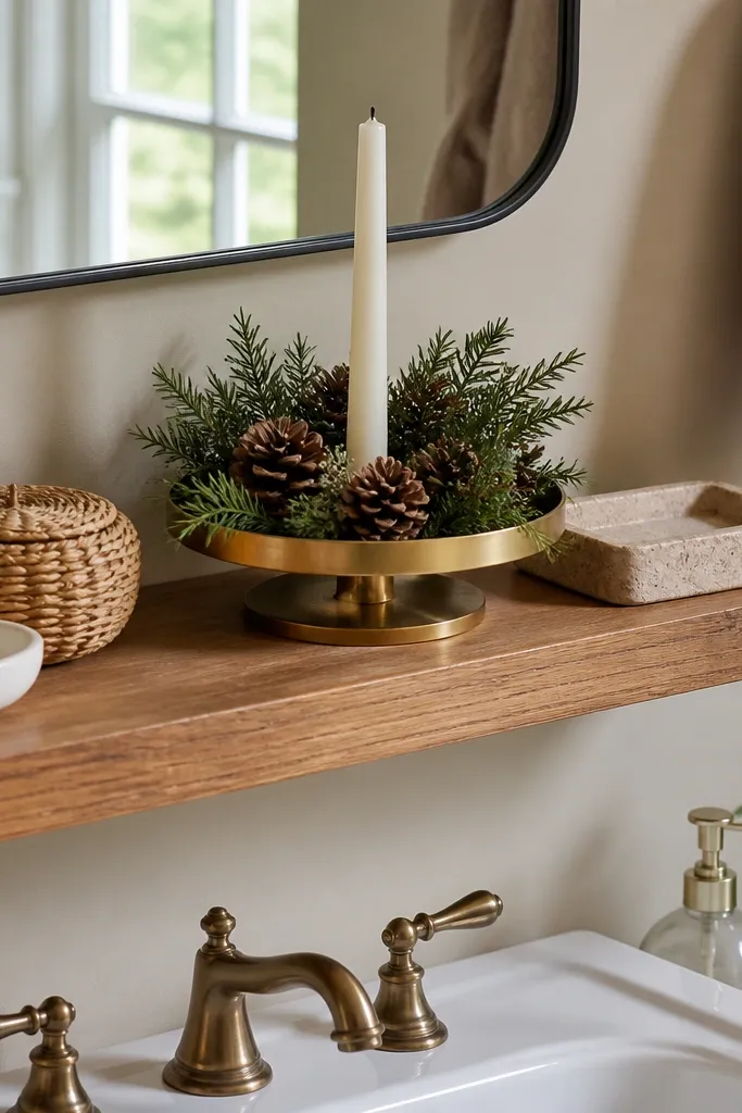A small half bathroom with a floating wood shelf above the toilet. On top: a stack of neutral books, a white ceramic vase with dried eucalyptus, and a framed botanical print. Below, a shallow tray holds a soap dispenser and matching lotion bottle.