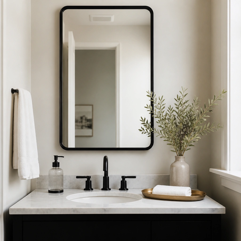 A half bathroom vanity with a matte black framed mirror above a small sink. The counter has a clear glass soap dispenser, a white folded hand towel, and a small brass tray.