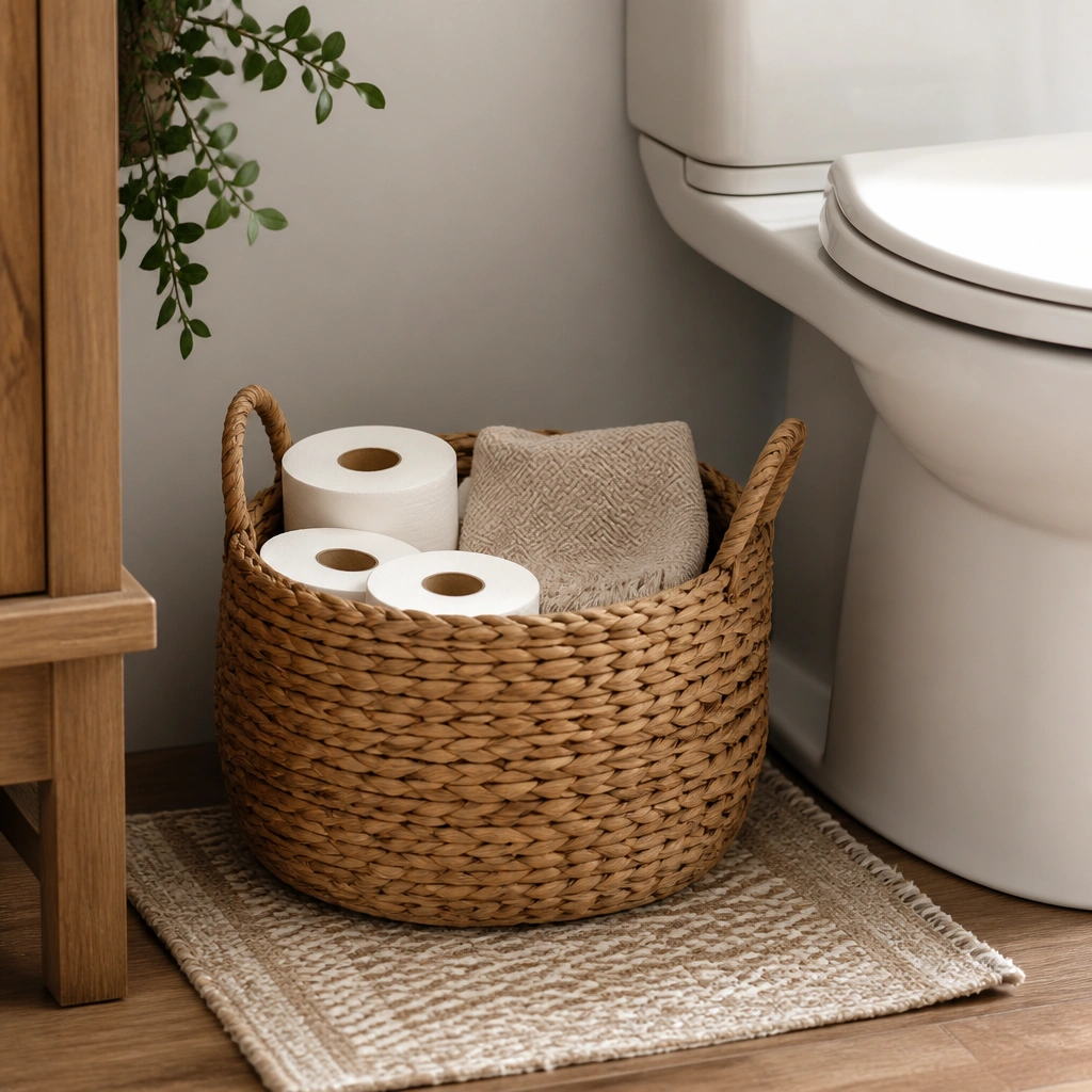 A woven natural seagrass basket tucked beside the toilet. Inside are neatly stacked extra rolls and a small folded guest towel. The basket sits on warm wood flooring with a small rug beneath.