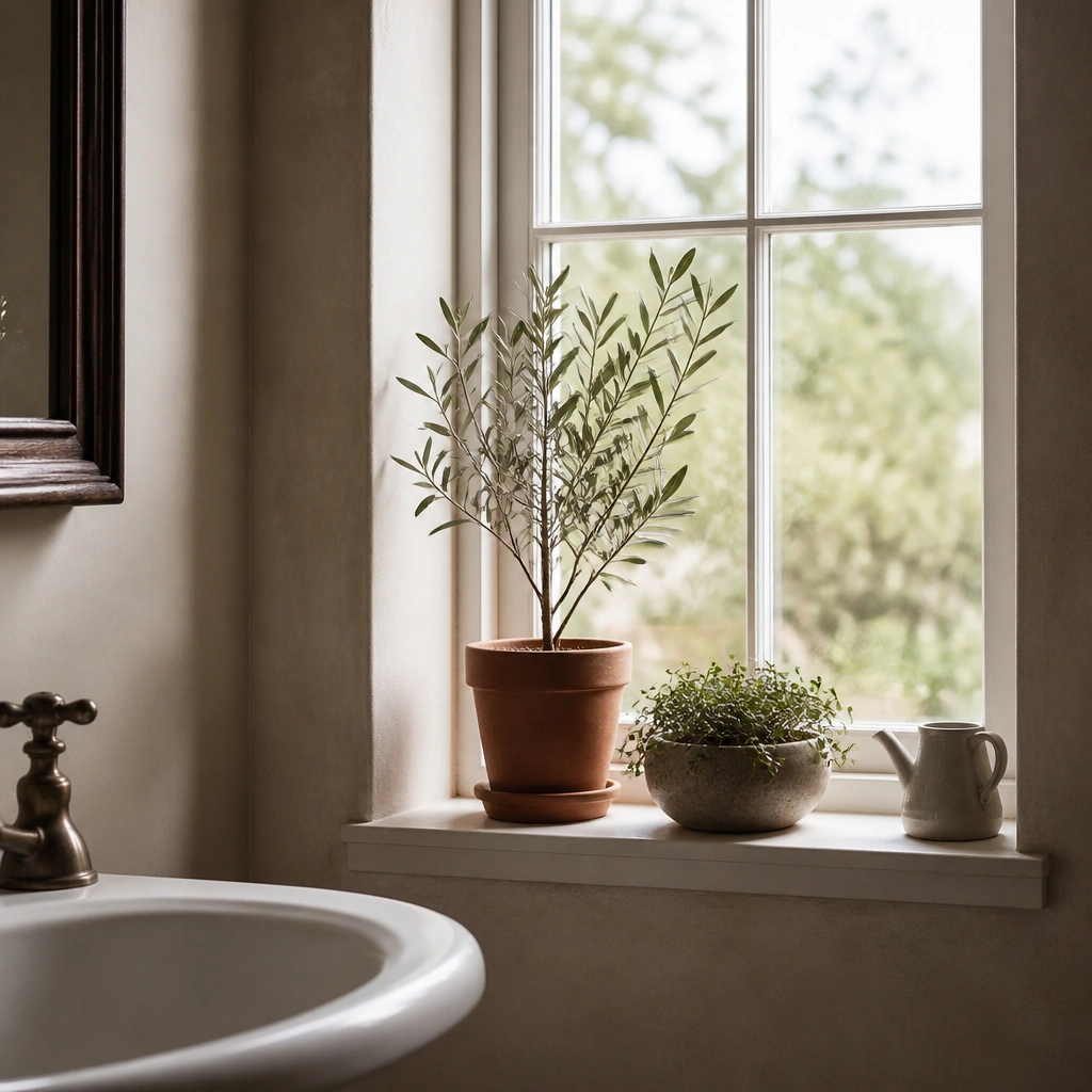 A window in a half bath with a terracotta pot holding a small olive-toned plant. A second pot with a low green plant sits beside it, and a small ceramic watering cup rests near the frame.