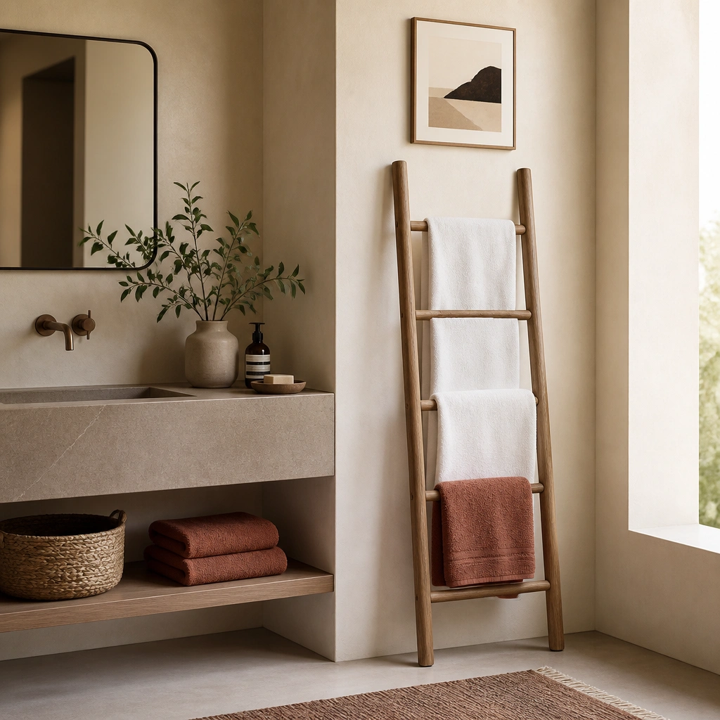 A slim towel ladder leaning against the wall near the sink. Two crisp white towels hang on the rungs, and one folded towel is in muted terracotta. A small framed print sits above.