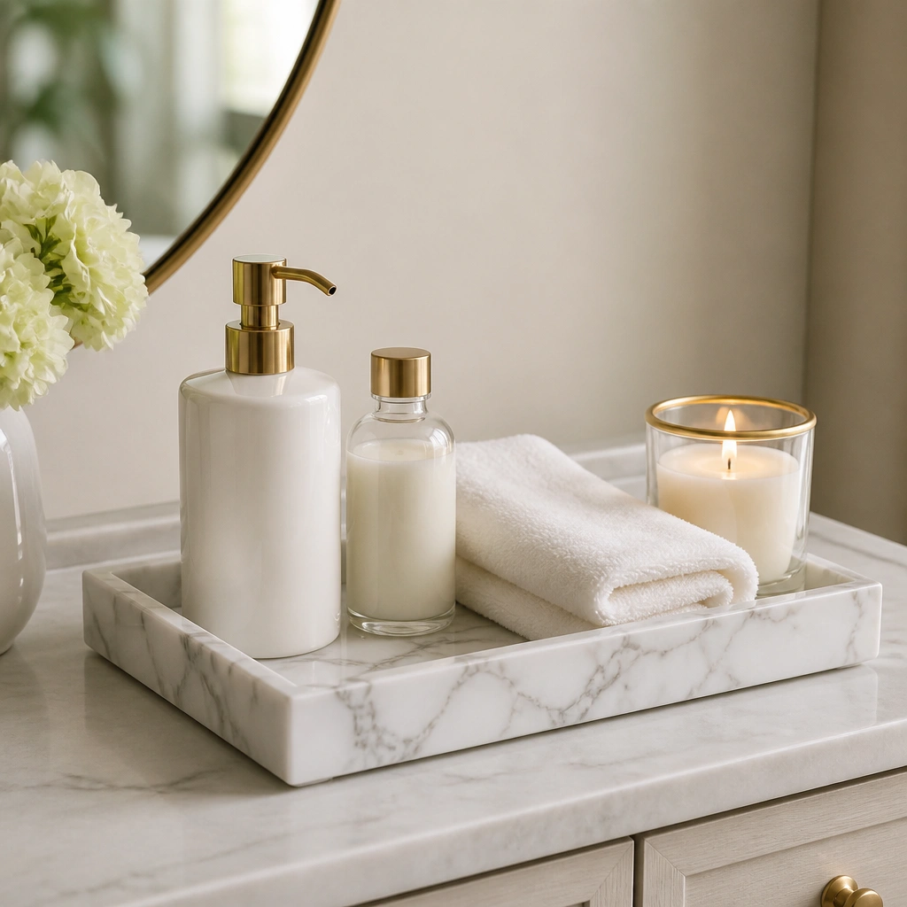 A faux marble tray on a small vanity counter. On the tray: a white pump soap, a small clear lotion bottle, a folded hand towel, and a gold-edged candle in a glass jar.