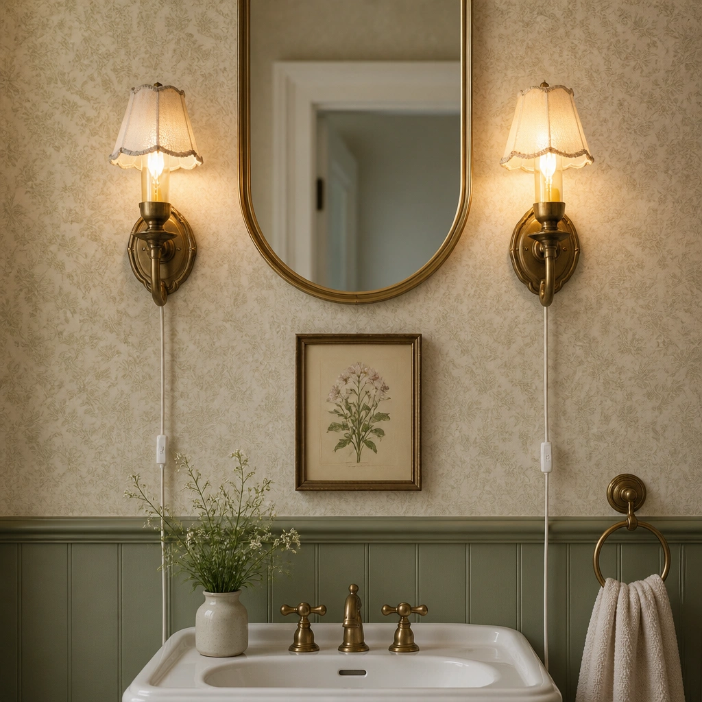 A half bathroom wall with two vintage-style plug-in sconces (no hardwiring) flanking a mirror. The bulbs cast warm light. A small framed botanical print hangs between the sconces.