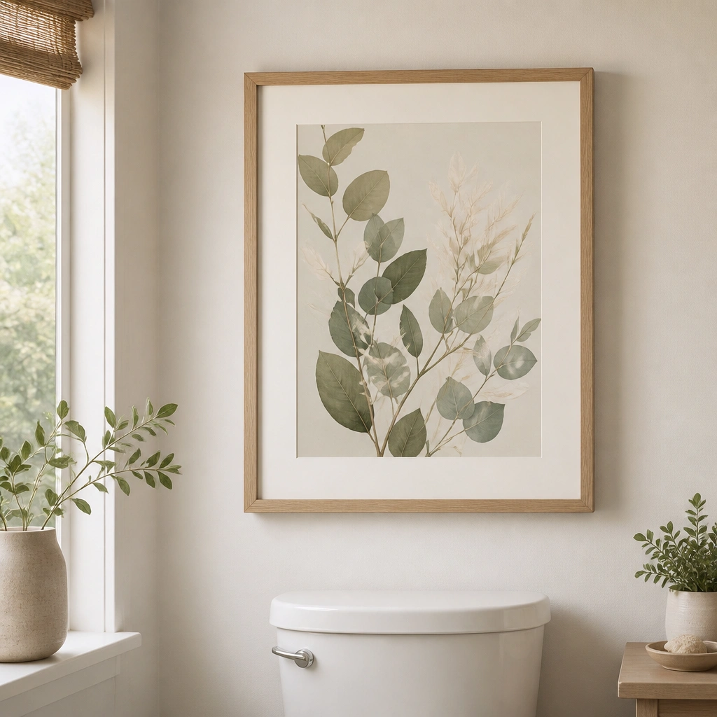 A framed botanical print above the toilet or on a blank wall. The frame is natural wood, the mat is off-white, and the art shows muted leaves in sage and cream.