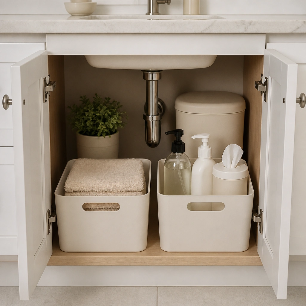 A neatly organized under-sink cabinet with two labeled bins. One bin holds spare hand towels, the other holds refillable soap and cleaning wipes. A covered trash can sits at the back.