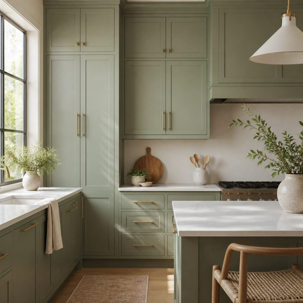 A kitchen with tall sage green shaker cabinets, clean square panel doors, warm brass bar pulls, and creamy white countertops; soft daylight fills the space.