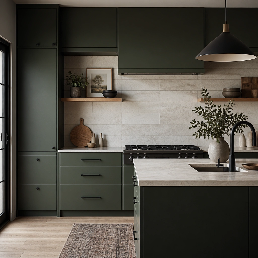 A modern kitchen featuring deep hunter green flat-panel cabinetry, matte black knobs and pulls, and a light stone backsplash with clean lines.