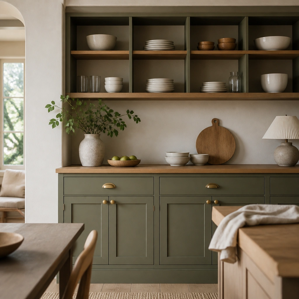 Olive green cabinetry with open shelving on the top row, natural oak shelves, and neatly arranged white dishes; a light neutral wall balances the color.