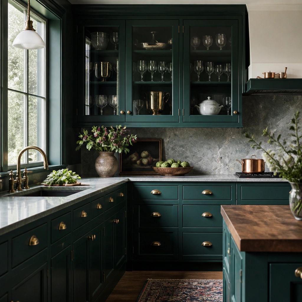 A kitchen with deep teal-green cabinets, some upper doors featuring glass inserts, and vintage-style brass pulls; glassware is visible behind the doors.