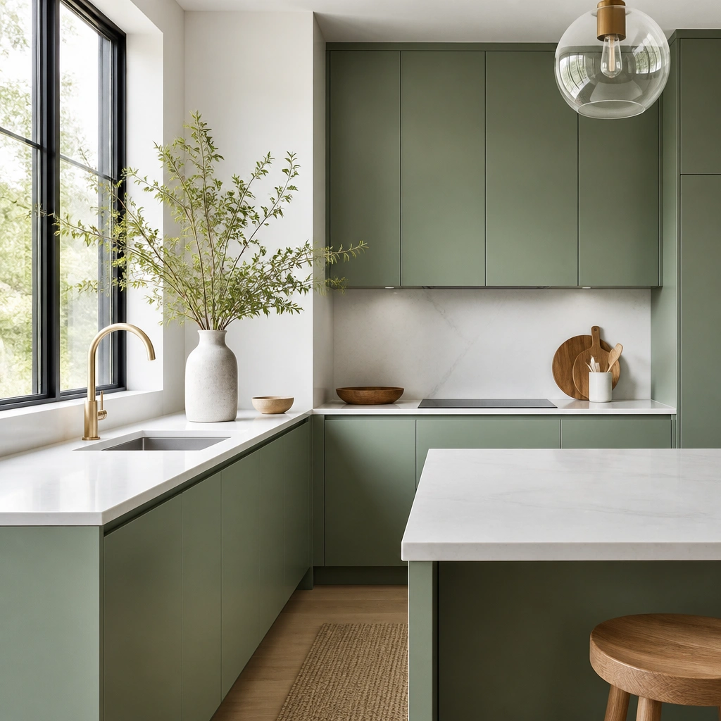 A bright kitchen with soft emerald green cabinets, integrated touch-latch or recessed handles, white quartz countertops, and minimal trim.