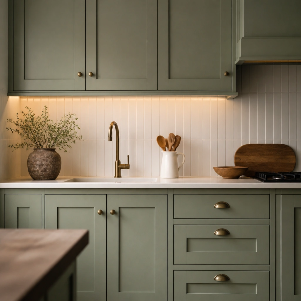 Muted sage green cabinets with a small tile backsplash that looks like classic wainscoting, plus white grout lines and warm under-cabinet lighting.