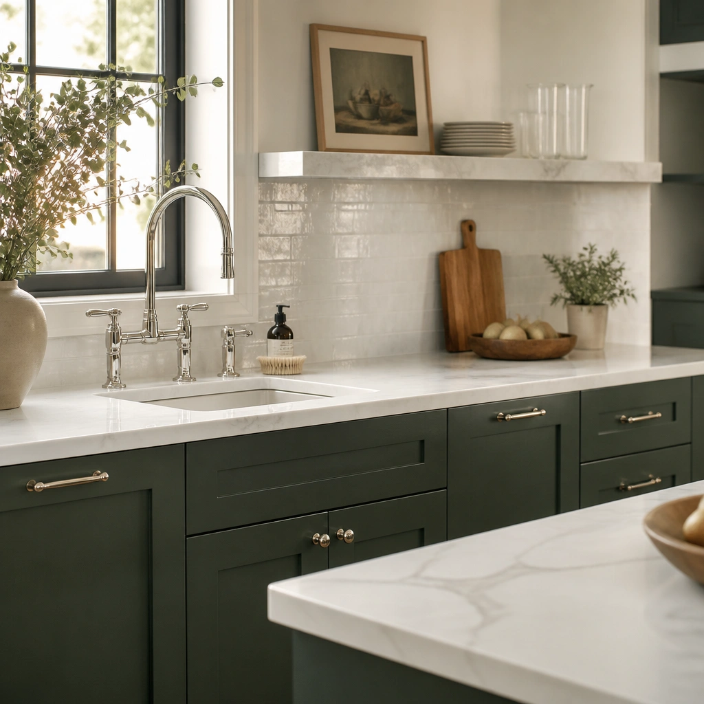 Forest green lower cabinets with marble-look countertops featuring gray veining, polished chrome faucet, and a light backsplash; the finish has subtle shine.