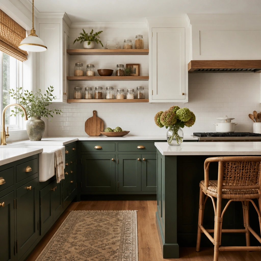 A two-tone kitchen with deep green lower cabinets, white upper cabinets, a mid-tone wood floor, and brushed brass hardware; open shelves show styled glass jars.