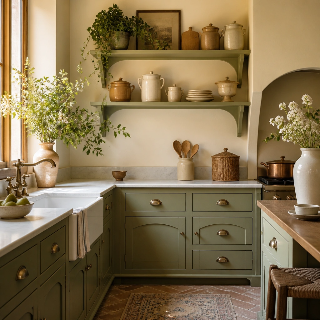 A cottage-inspired kitchen with vintage green cabinets, antique brass cup pulls, slightly arched details, and a soft cream wall color; decorative jars sit on open shelves.