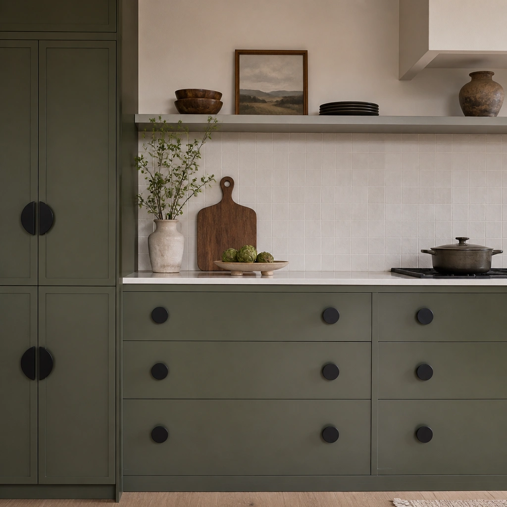 Matte olive green cabinets with oversized matte black knobs, a simple light backsplash, and minimal decor; the cabinet finish looks velvety.