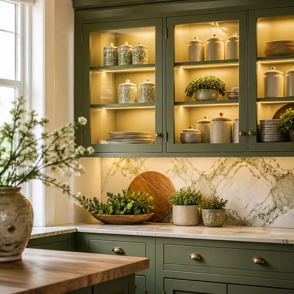 Green upper cabinets with glass-front doors, warm under-shelf LED lights glowing inside, and coordinated ceramic canisters displayed neatly.