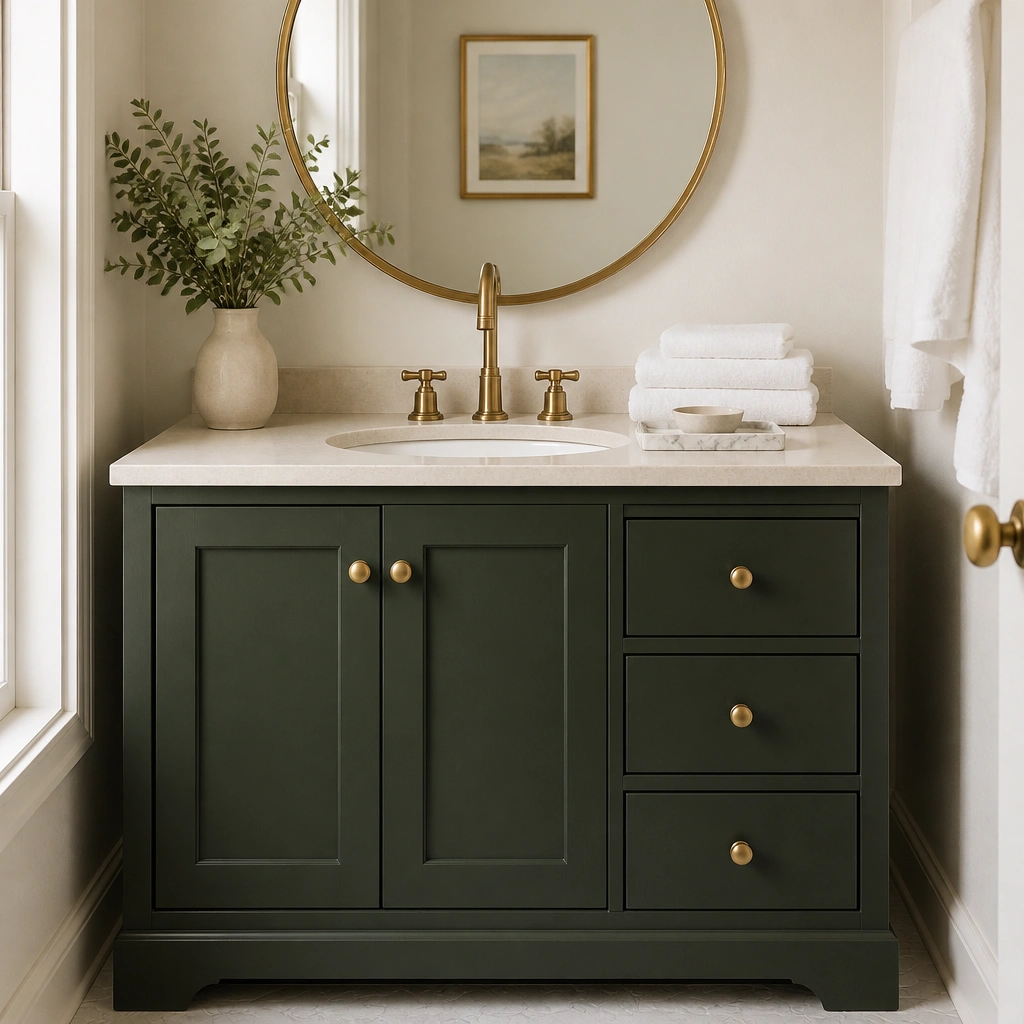 A compact bathroom vanity painted deep forest green with warm brass knobs and a matching faucet, topped with a cream countertop and a round brass-framed mirror. Stacked white towels and a small marble-look tray sit on the counter.