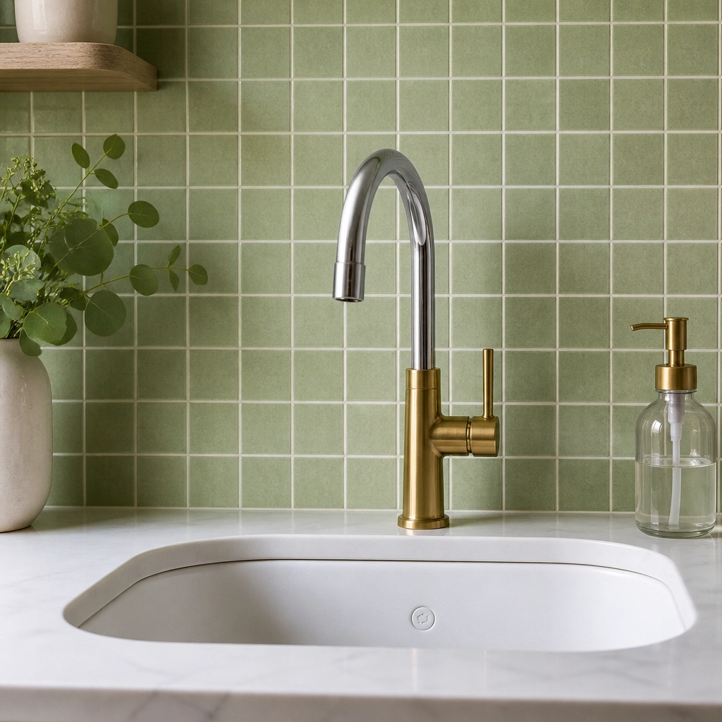 A sink backsplash covered in sage green, small square tile-look peel-and-stick sheets with light grout lines. A white undermount sink, chrome-to-brass transition faucet, and a simple glass soap dispenser sit in front.
