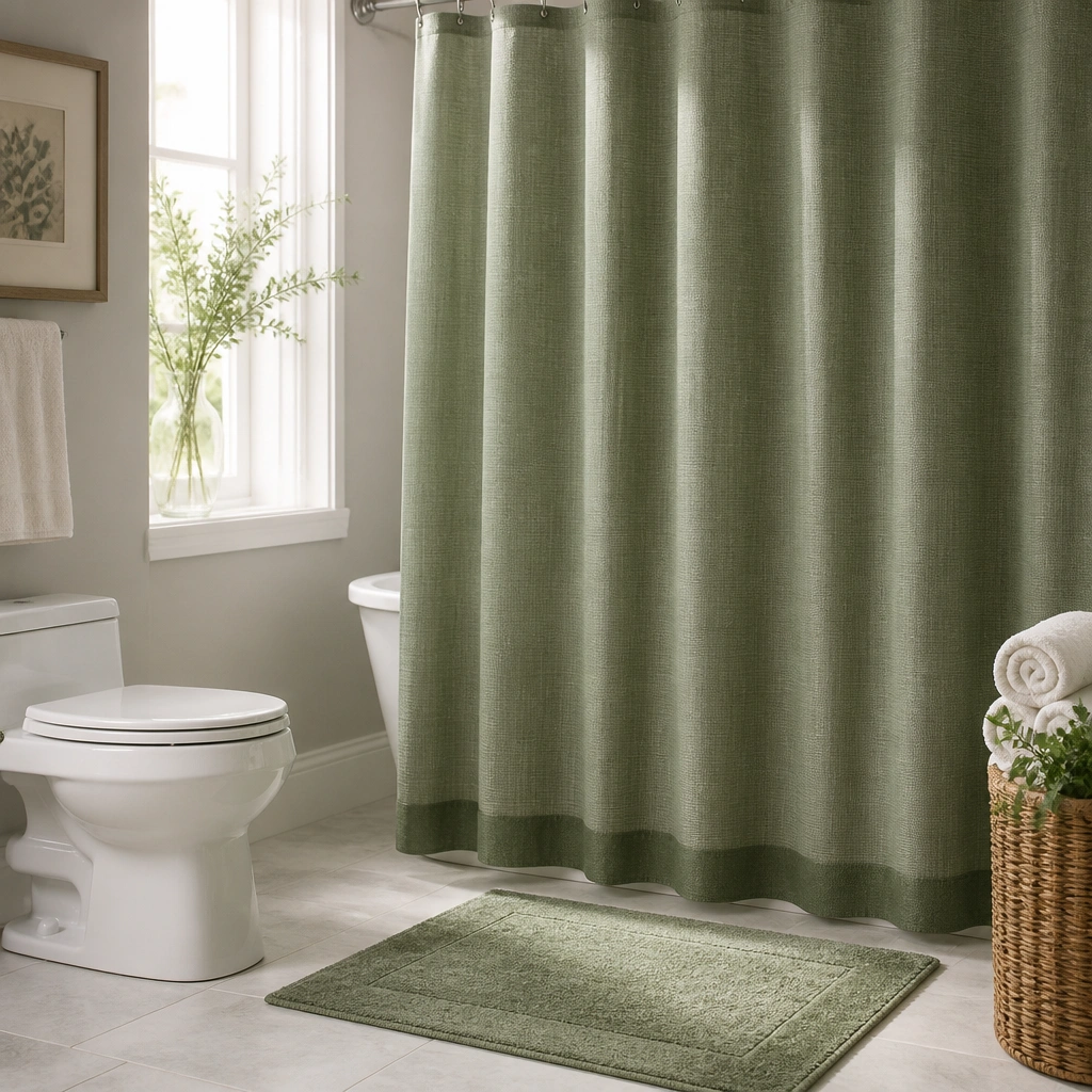 A shower curtain in muted green with a subtle woven texture and a slightly darker border. A matching green bath mat sits in front of a white toilet, with rolled white towels and a small plant near the edge of the tub.
