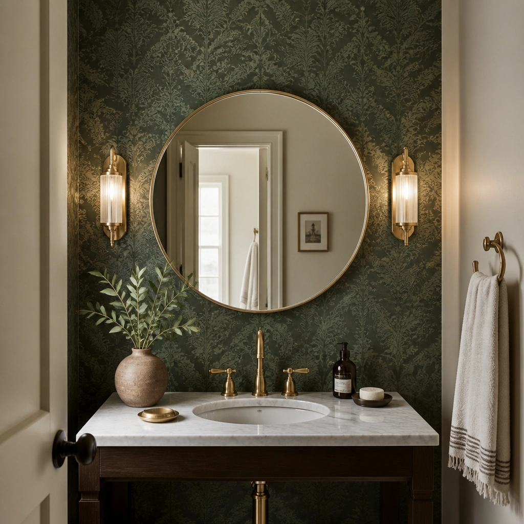 A small bathroom wall behind a round mirror covered in dark green wallpaper with a subtle botanical or damask pattern. Warm white paint frames the wallpaper edges, and a brass wall sconce flanks the mirror.