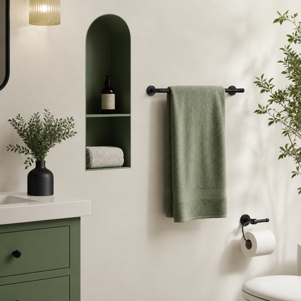 A green bathroom with matte black towel bar and toilet paper holder mounted on a warm white wall. A small green niche shelf holds a folded towel and a bottle of hand soap.