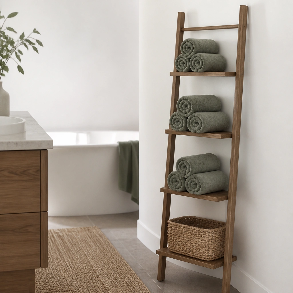 Rolled eucalyptus-green linen towels stacked on a slim ladder shelf in a narrow bathroom. A white wall, a small woven basket, and a neutral rug keep the palette calm.