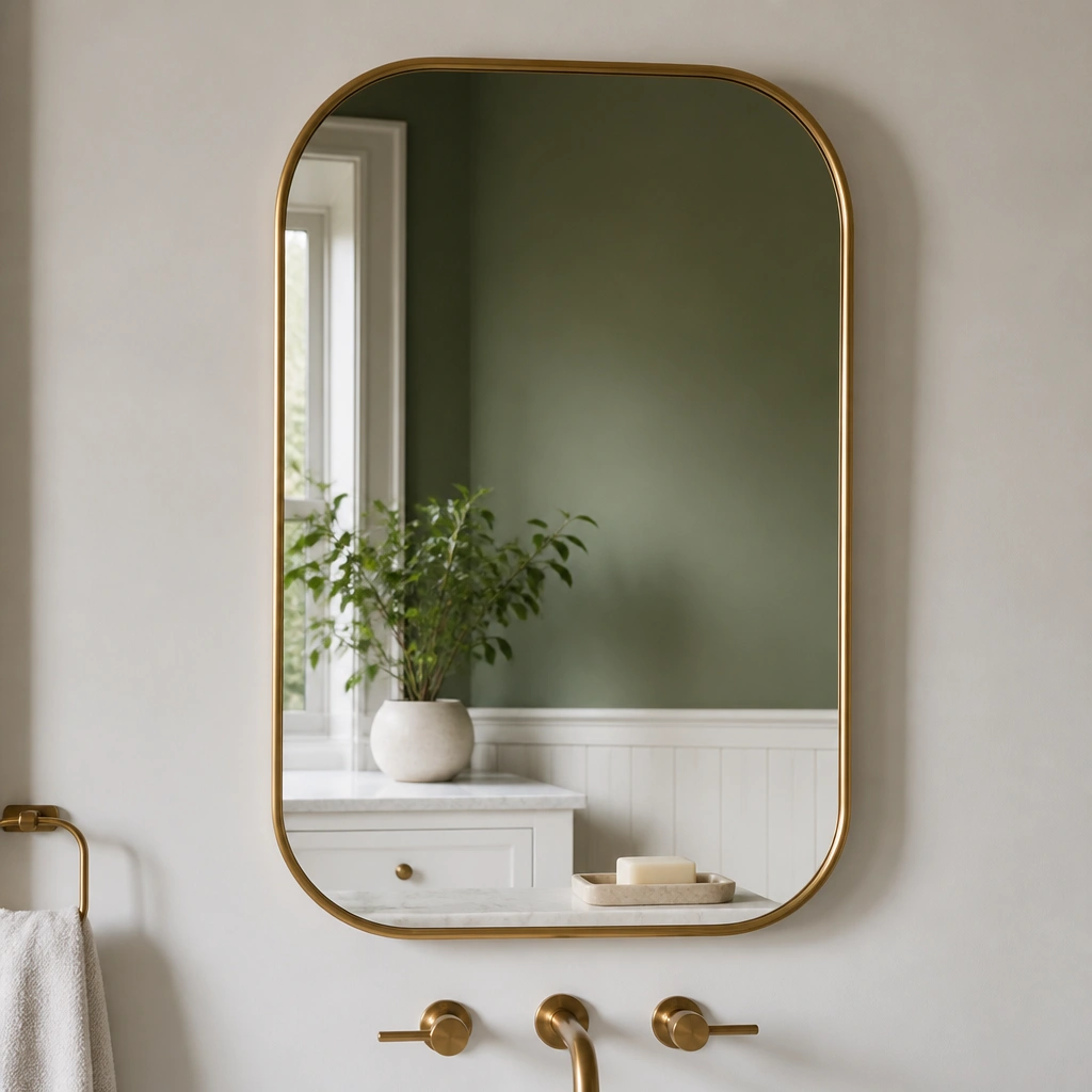 A small bathroom mirror with an anti-fog feature and a thin brass frame. The mirror reflects a green wall section and a white vanity, with a simple soap tray and one plant visible.