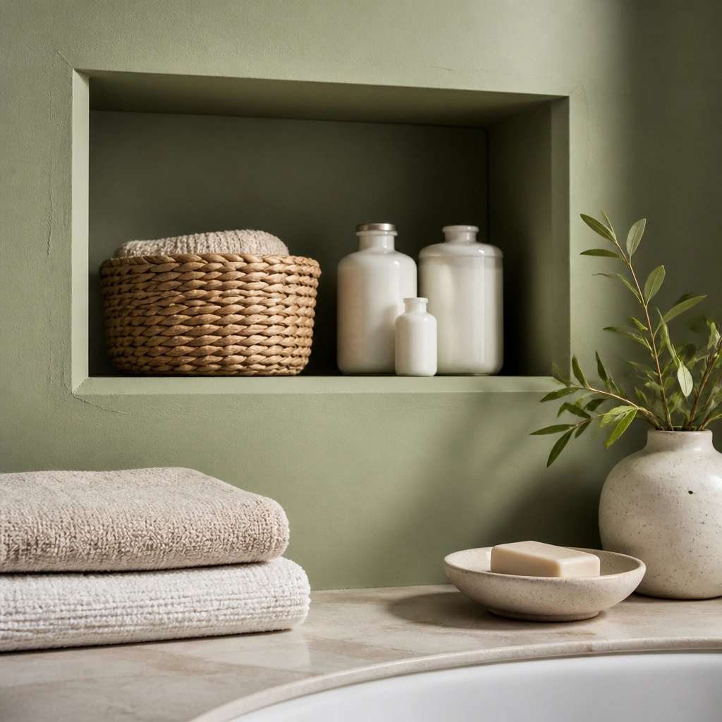 A recessed bathroom niche painted soft green holding a woven basket and a few white apothecary bottles. A small stack of folded towels sits beside a ceramic dish for soap.