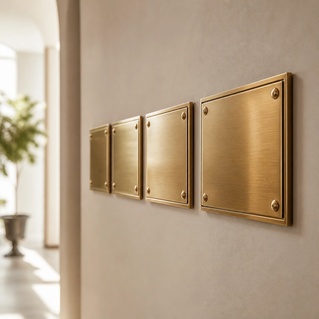 A set of rectangular brushed brass name plates with slightly raised, polished serif letters, mounted in a row on a light taupe hallway wall.