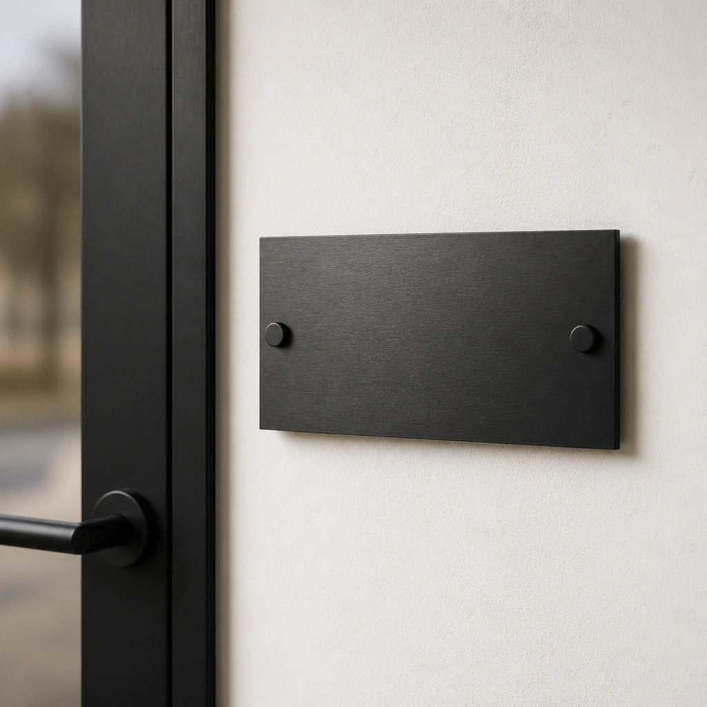 A matte blackened steel name plate with sleek uppercase sans-serif text, mounted on a white wall next to a modern door handle.