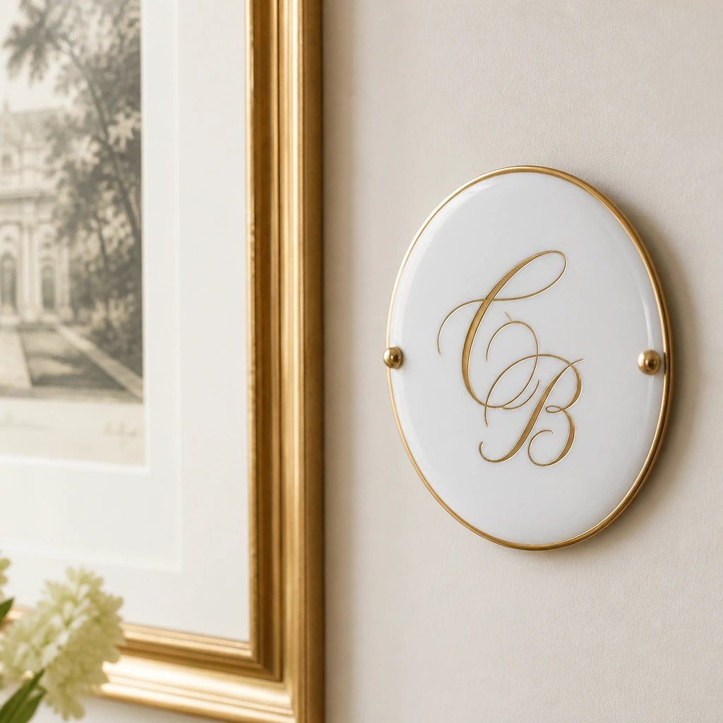 A glossy white porcelain name plate with a thin gold rim and delicate script-style initials, mounted on a cream-colored wall beside a framed print.