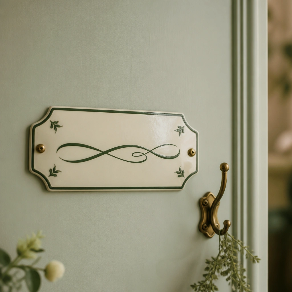 A vintage-inspired cream enamel name plate with dark green flowing script, mounted on a pale sage wall with a small brass hook nearby.