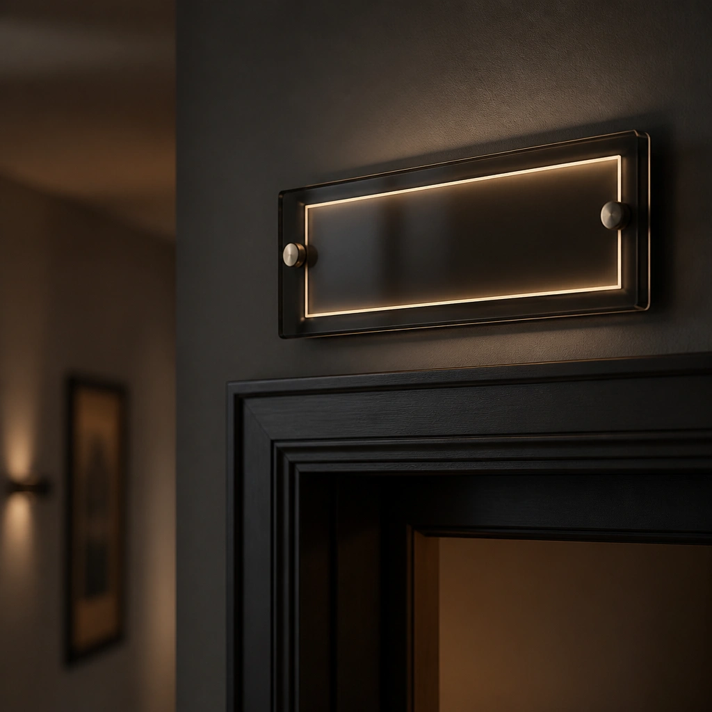 A dark smoked glass name plate with light-colored lettering that appears softly illuminated, mounted above a doorway on a dim hallway wall.