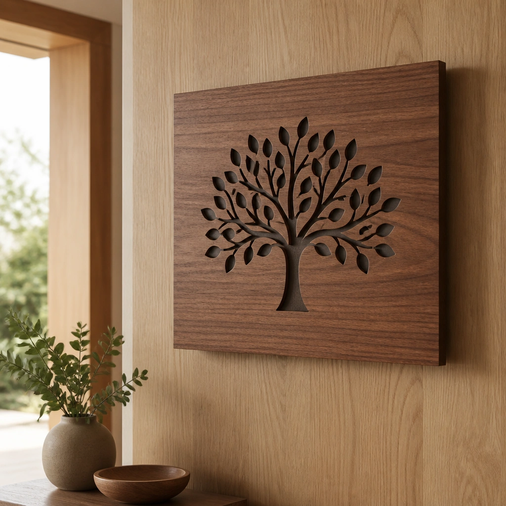 A warm walnut wood plaque with laser-cut letters filled in a darker stain, mounted on a light oak entry wall.
