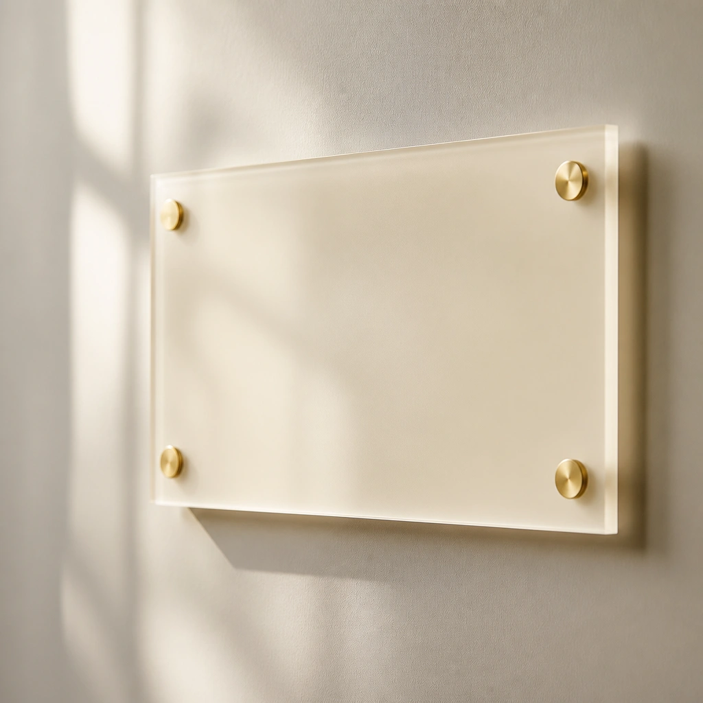 A cream acrylic name plate with gold foil lettering, mounted on a neutral wall with soft daylight, showing subtle translucency around the edges.